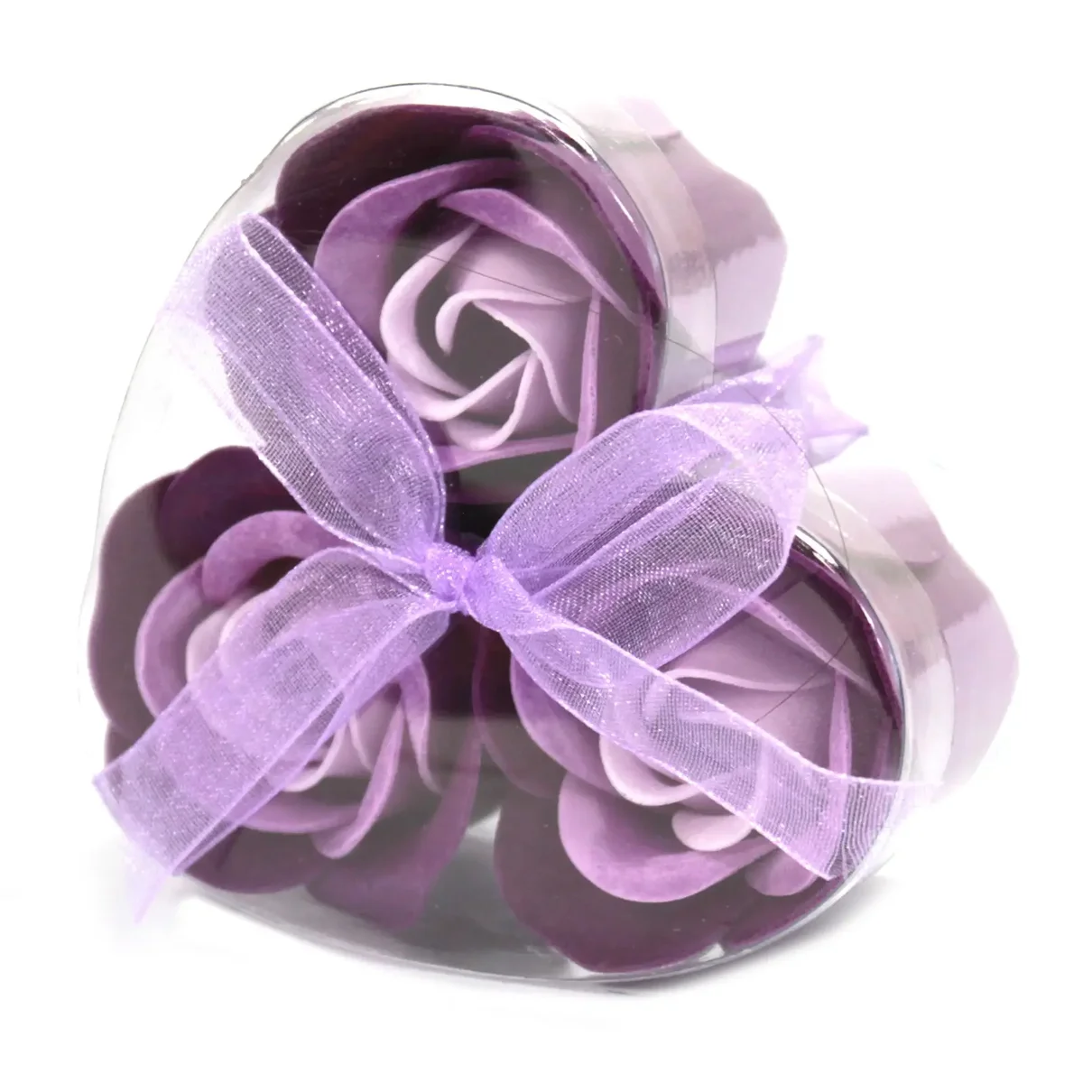 Three lavender rose soap hearts arranged in a floral box.