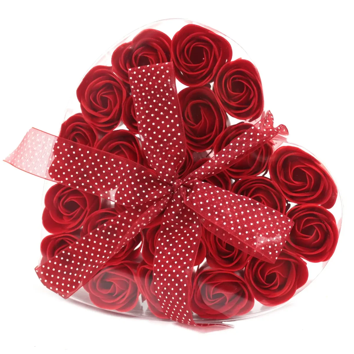 Set of 24 red rose soap flowers in a heart-shaped box.
