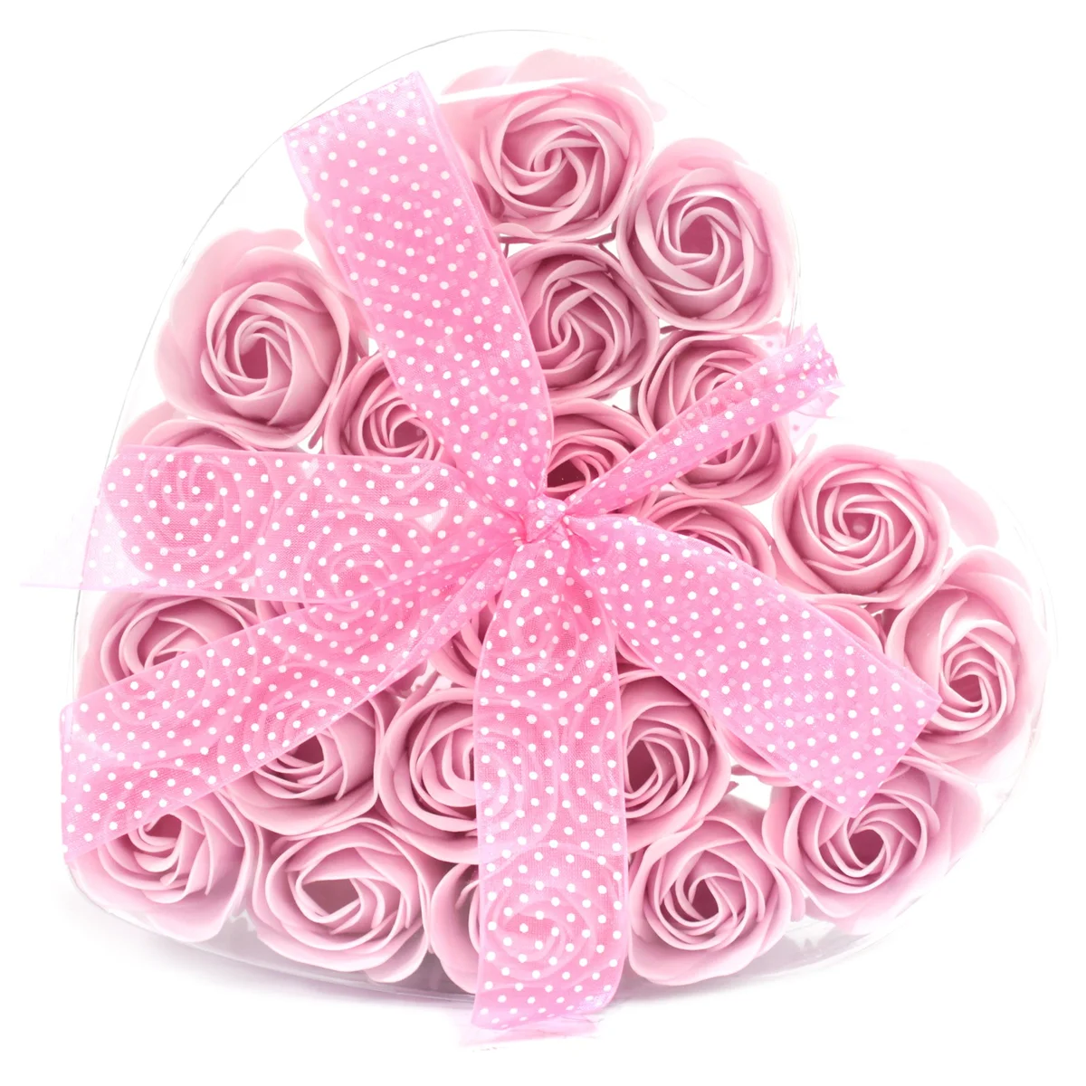 Set of soap flowers in pink roses, each molded into a heart shape and displayed in a box.