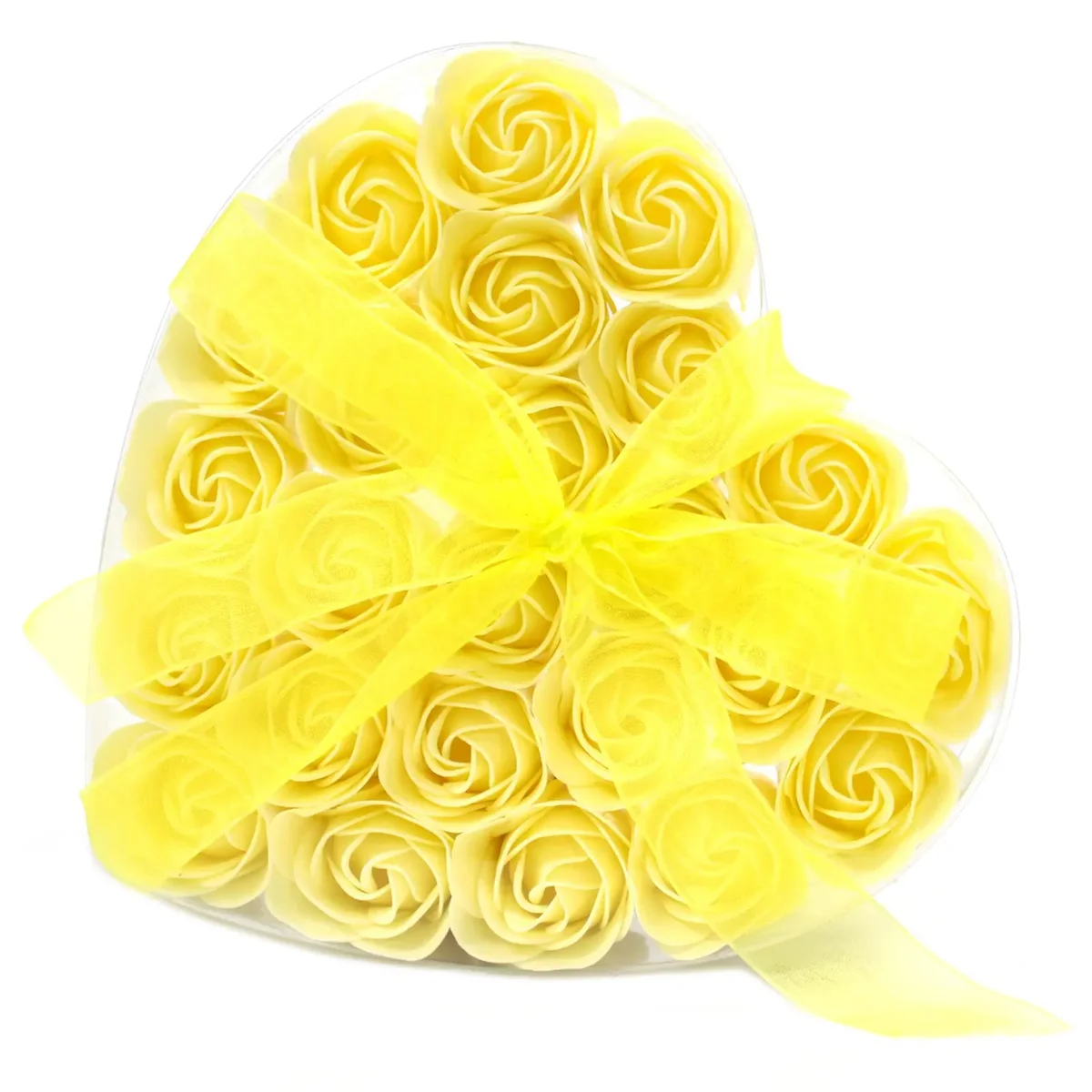24 soap flowers shaped like a heart in a yellow rose box