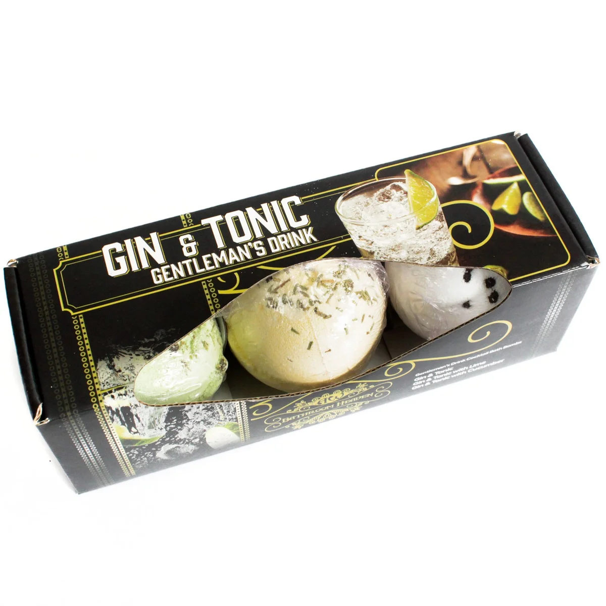Three tonic bath bombs in a set, scented with gin and tonic.