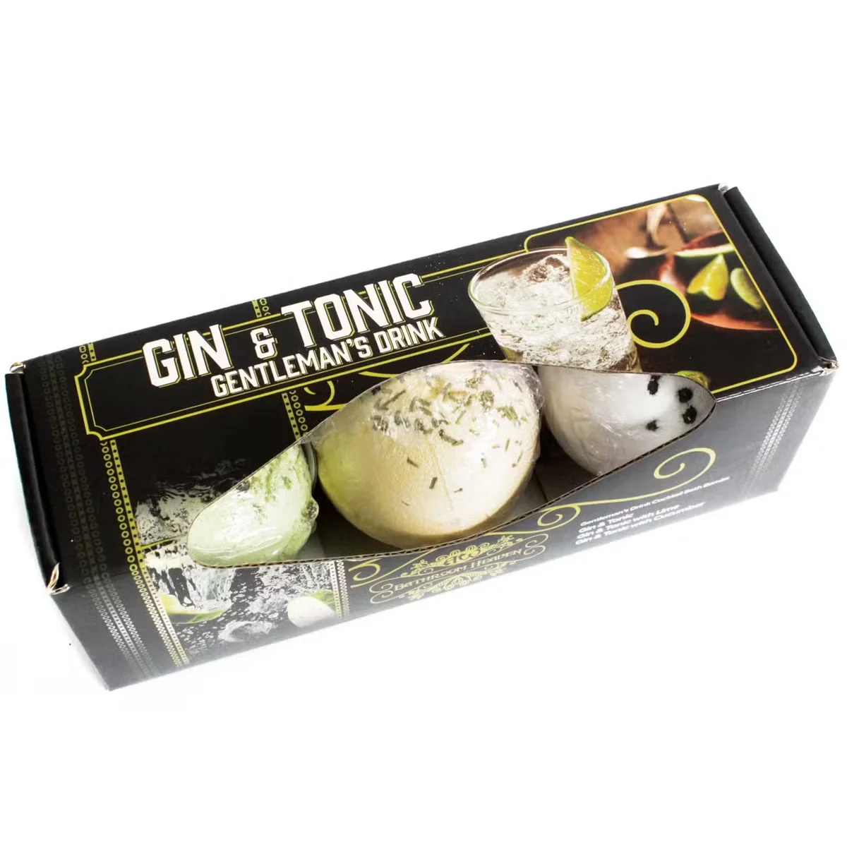 Three gin and tonic bath bombs displayed in clear glass jars, forming a stylish bath bomb set.