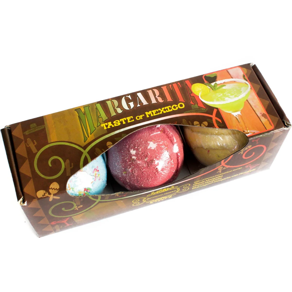 Three bright margarita bath bombs in a set, each shaped like a small cube, displayed on a white background