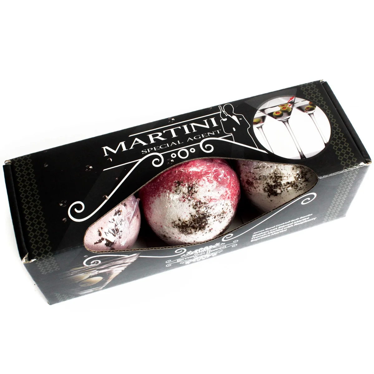 Three Martini bath bombs together forming a set of bath bombs.