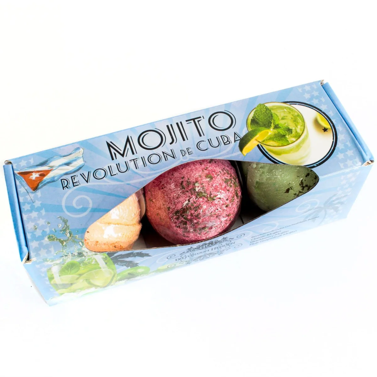 Three mojito bath bombs displayed together as a mojito bath bomb set.
