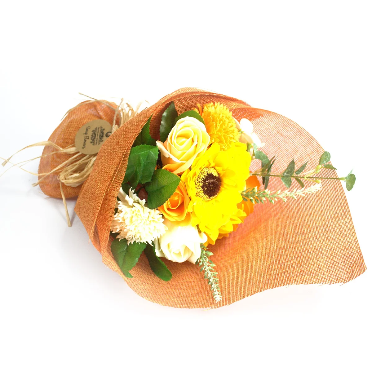 Orange standing soap flower bouquet on a stand, featuring decorative soap flowers in a floral arrangement.