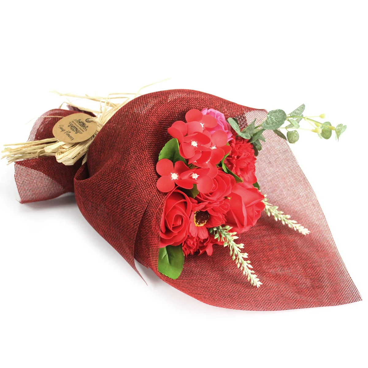 Standing red decorative soap flower bouquet on a base, arranged with vibrant soap flowers.