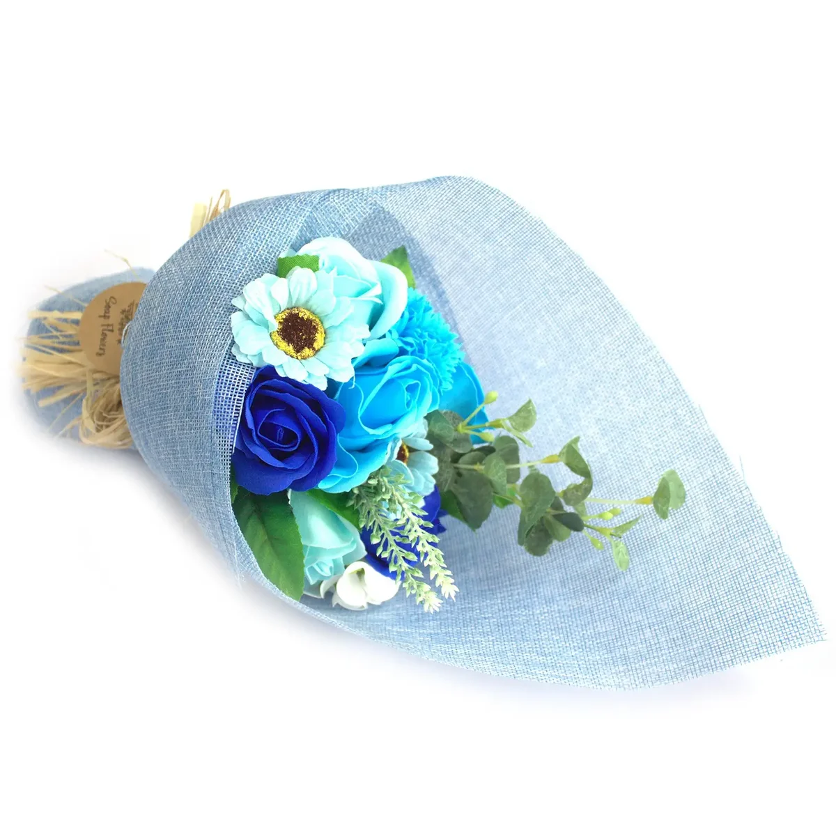 Blue standing soap bouquet of paper flowers arranged in a vase‑like base
