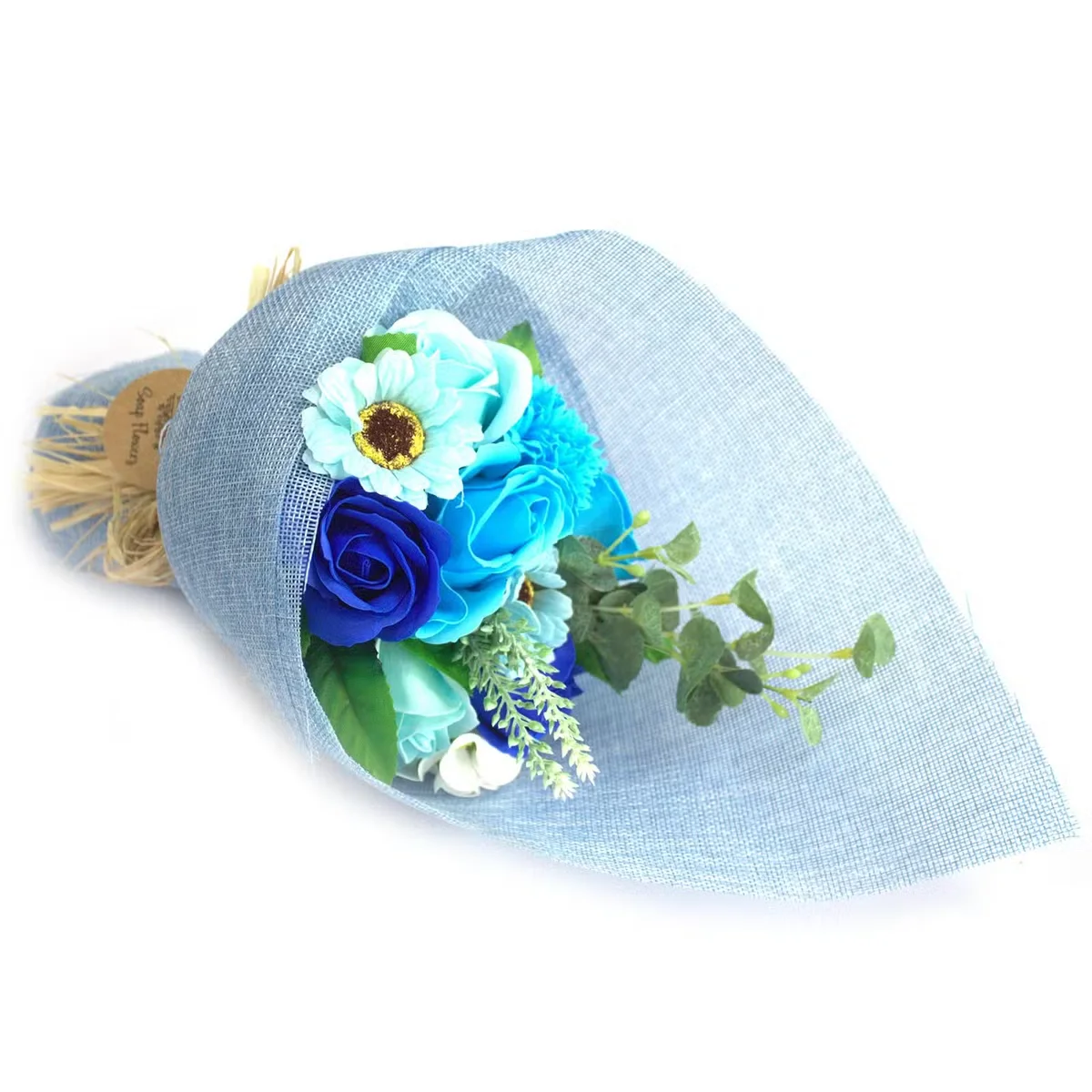 Blue standing decorative soap bouquet with soap flowers, makes a great gift