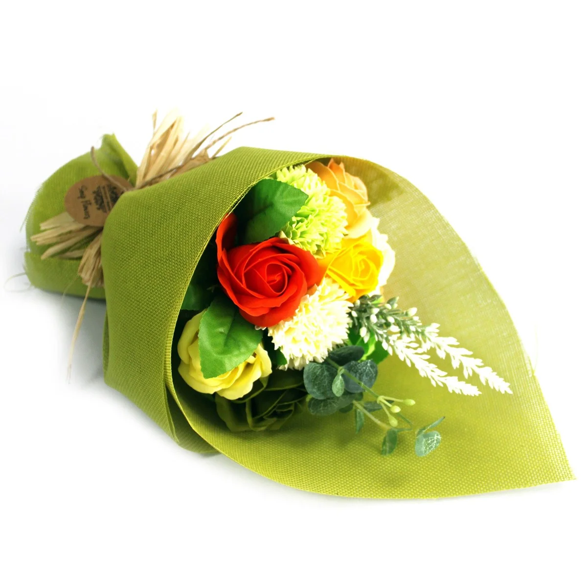 Standing soap flower bouquet in green and yellow colors