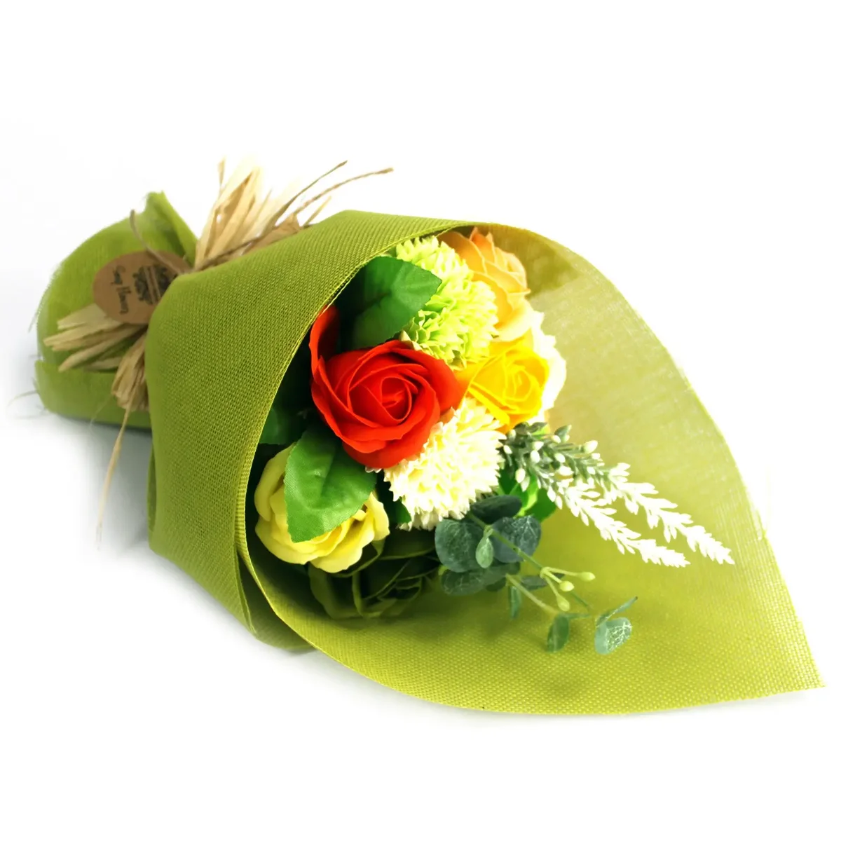 Standing soap bouquet of green and yellow soap flowers arranged in a vertical display.
