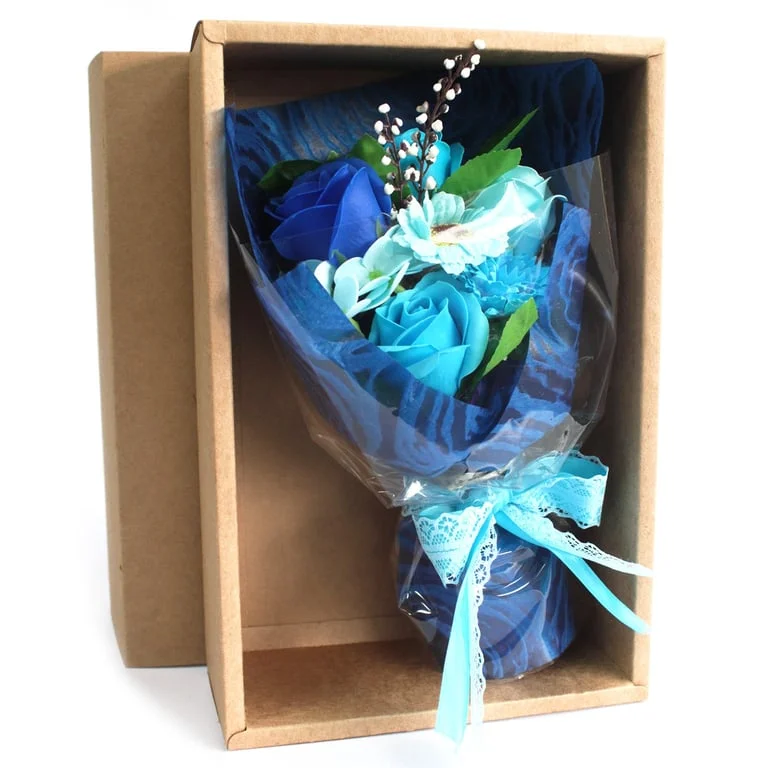 Blue boxed hand soap bouquet featuring faux flower design