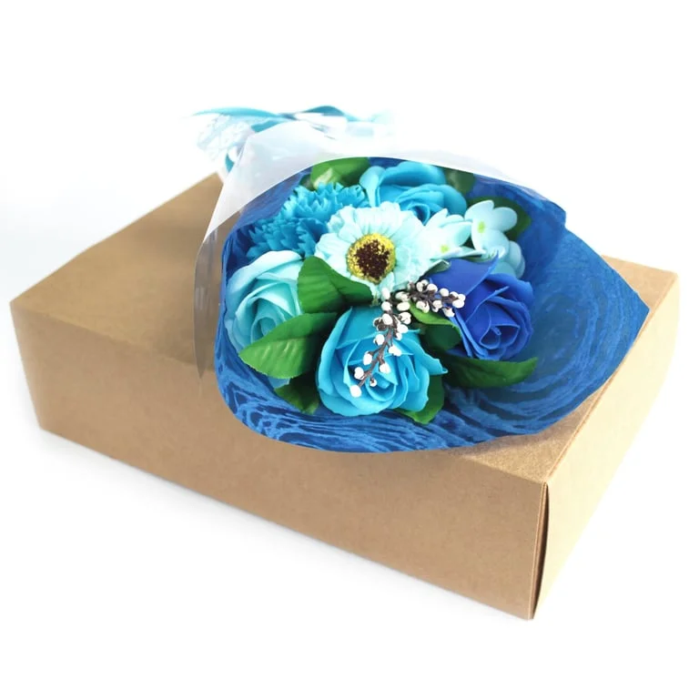 Blue hand soap bouquet in a box, styled as a floral arrangement