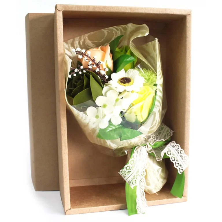 Hand soap bouquet in green hues showcased inside a decorative cardboard box