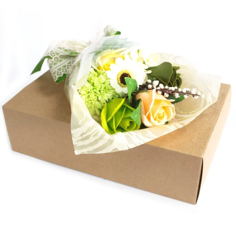 boxed hand soap arranged in a green flower bouquet