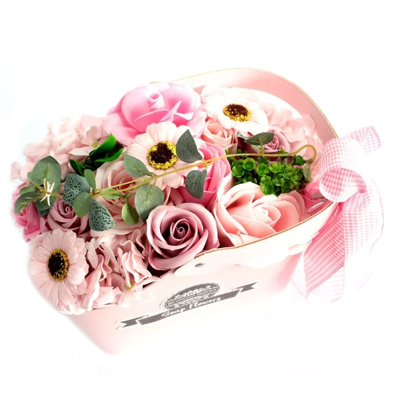 Pink basket soap flower bouquet displayed in a soap flower basket.