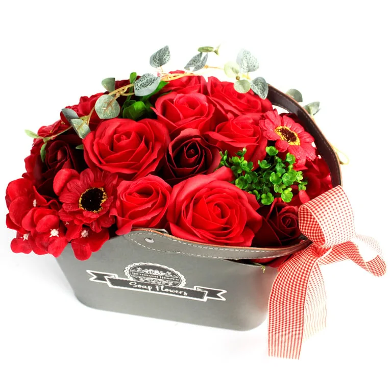 Red soap flower bouquet inside a soap flower basket.