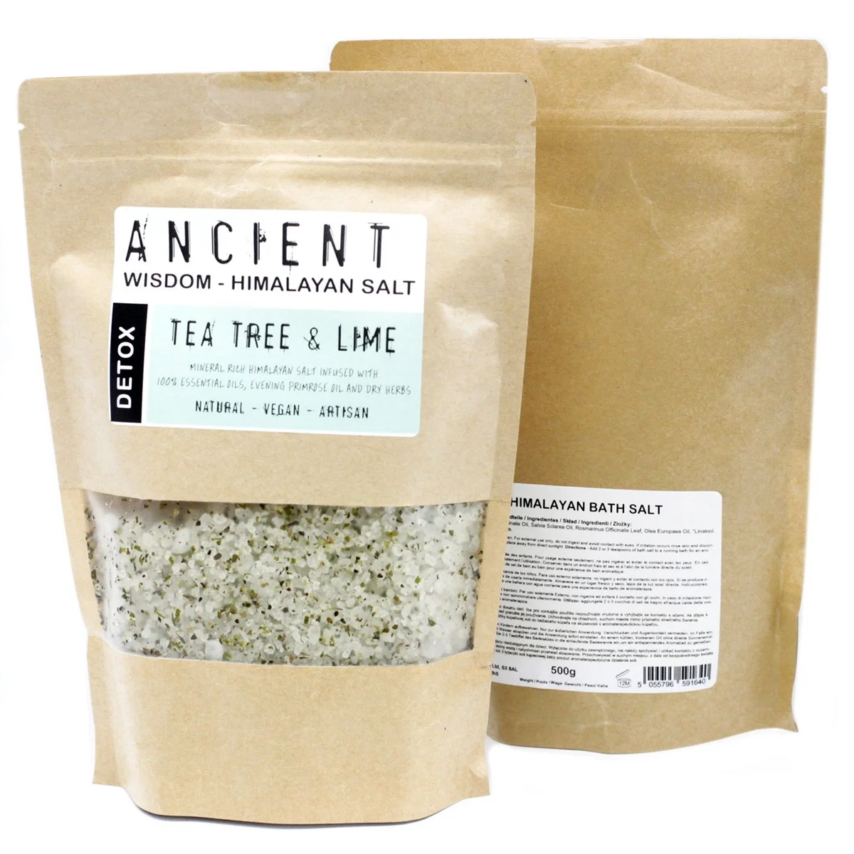 500‑gram jar of Himalayan bath salts in natural white packaging, showing crystal‑sized salt crystals.