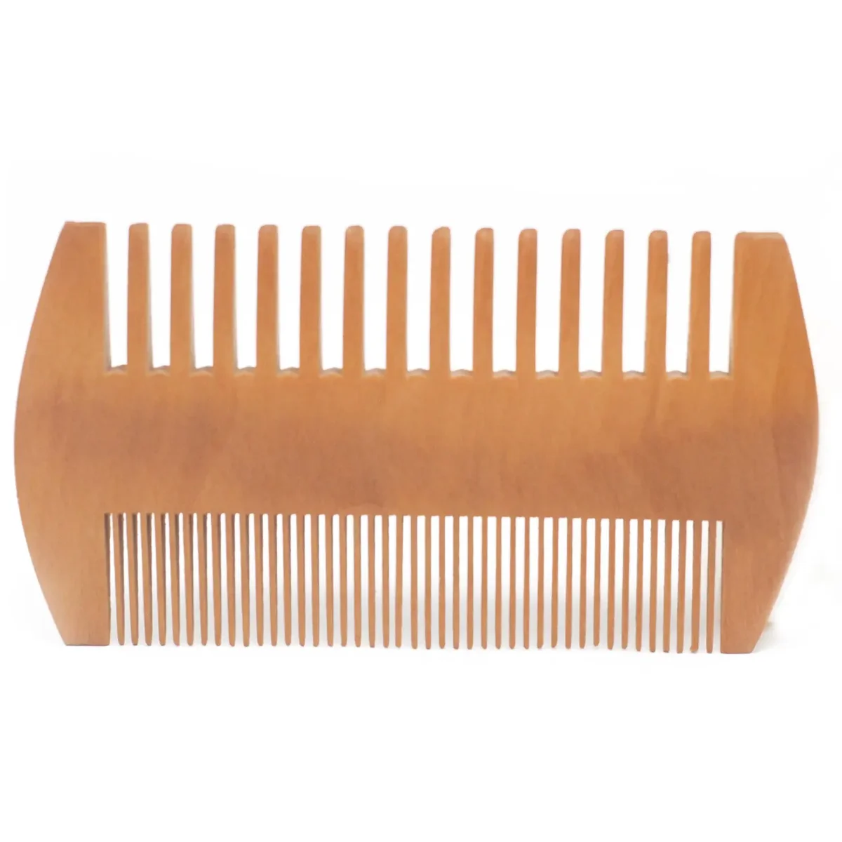 Two-sided beard comb resting on a flat surface.