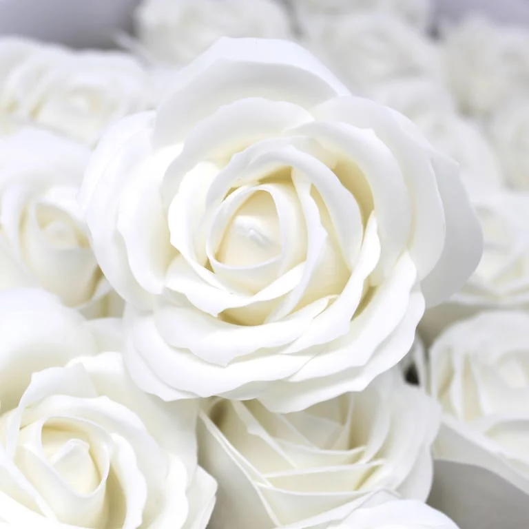 White large rose soap flower as a decorative soap flower decoration for bathrooms.