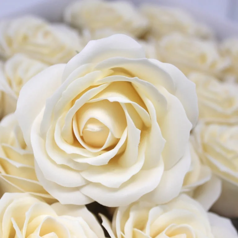 Large soap rose rendered in ivory, detailed petals and gentle tones create a delicate handcrafted flower look