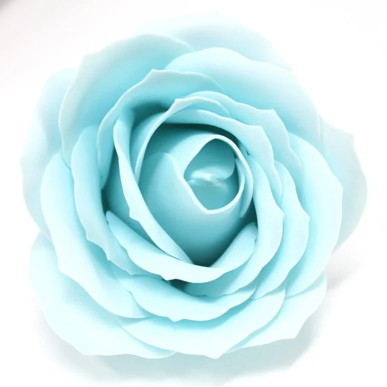 Large baby blue soap flower shaped like a rose, smooth surface with subtle curls, displayed on neutral background.