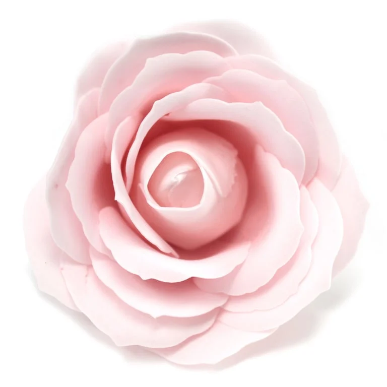 Large pink soap rose with delicate petals, crafted from soap, displayed in a craft soap flowers set.