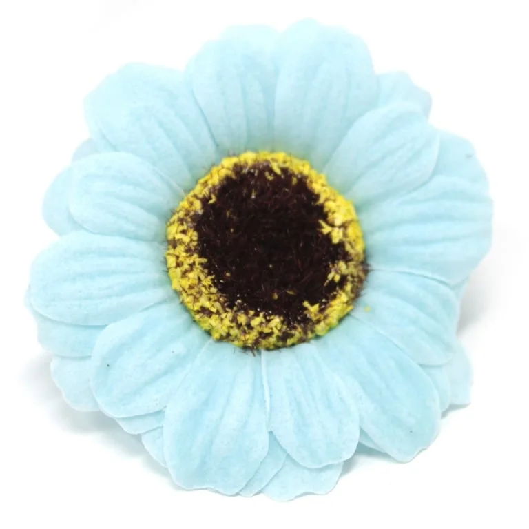 Handcrafted blue soap flower shaped like a small sunflower with detailed petals