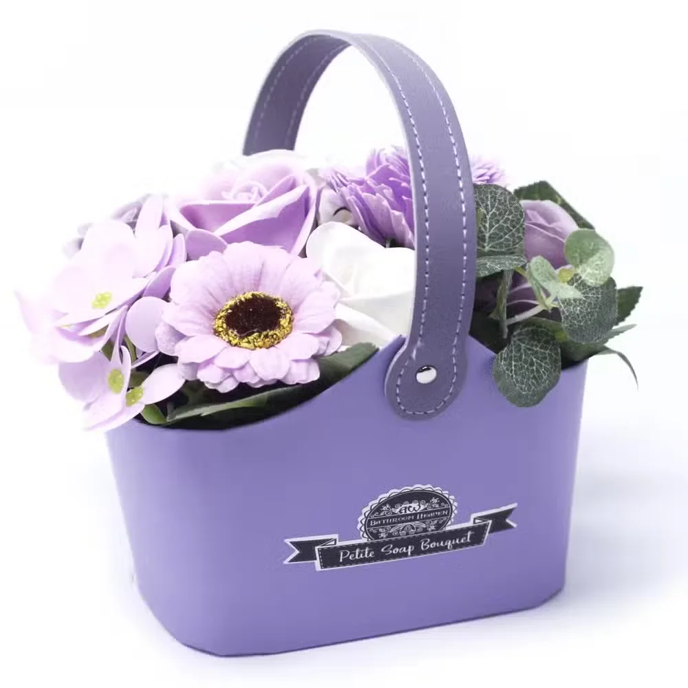 Soft lavender bouquet basket displaying a neatly wrapped floral arrangement in pastel tones.