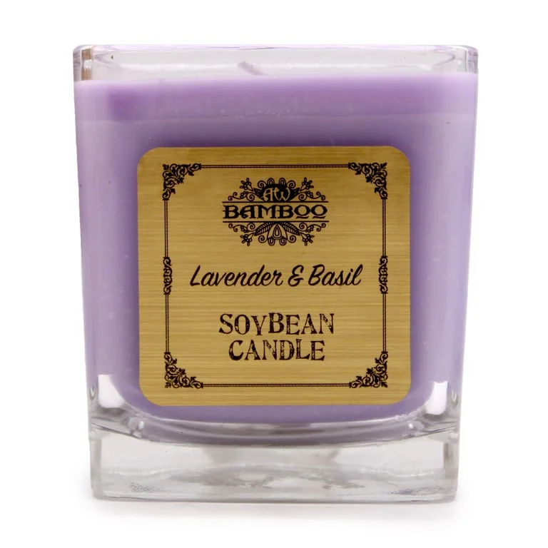 Soybean jar candle showing lavender and basil tones in a glass jar.