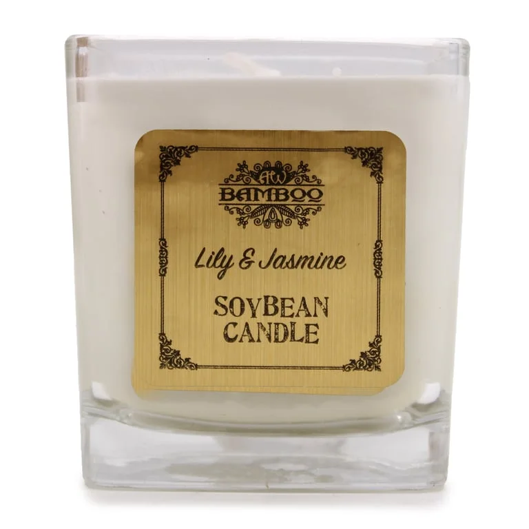 Hand‑made soy candle lily jasmine, porcelain jar of white wax with floral label.