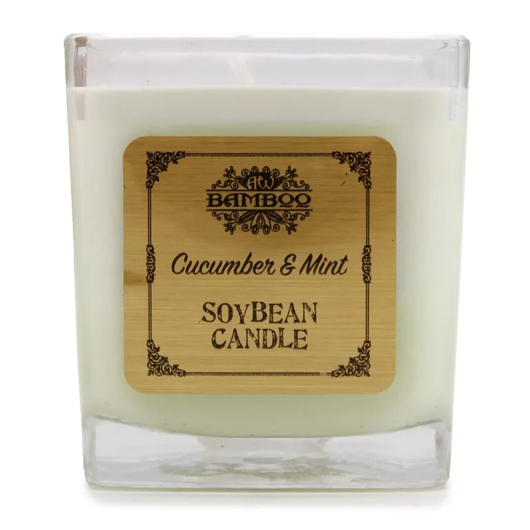 Soybean jar candle featuring cucumber mint soy candle fragrance, green wax in a clear glass jar.