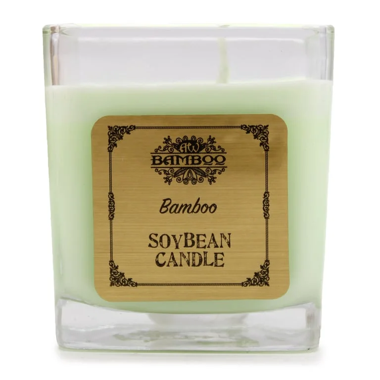 Clear soy wax candle in a jar with a bamboo wick, labeled bamboo soy candle.