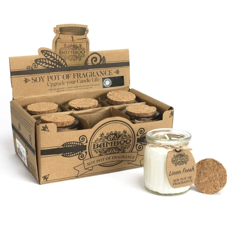 Linen Fresh soy pot candle in a glass jar with decorative label, ready to light