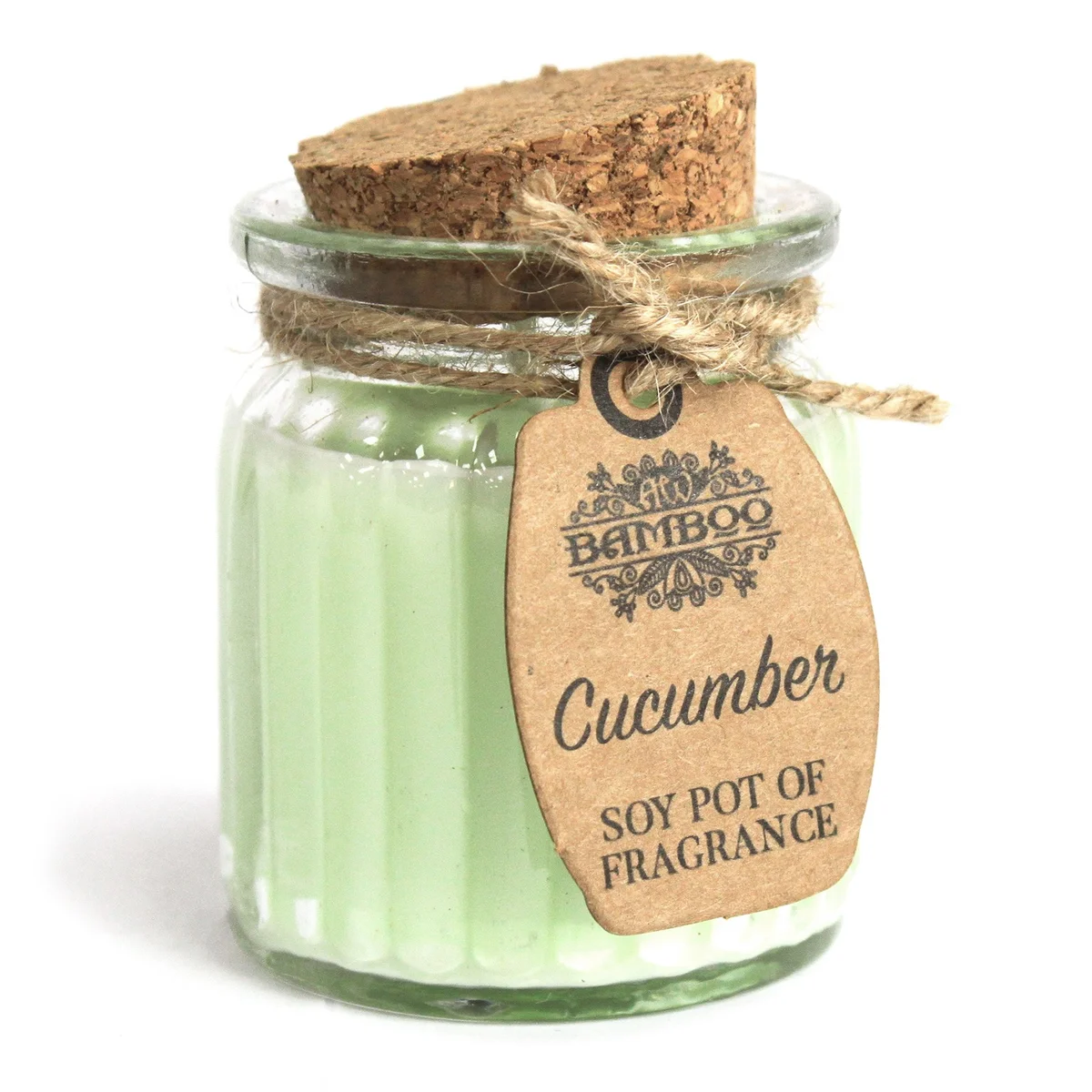 Cucumber scented soy candle in a decorative ceramic pot.
