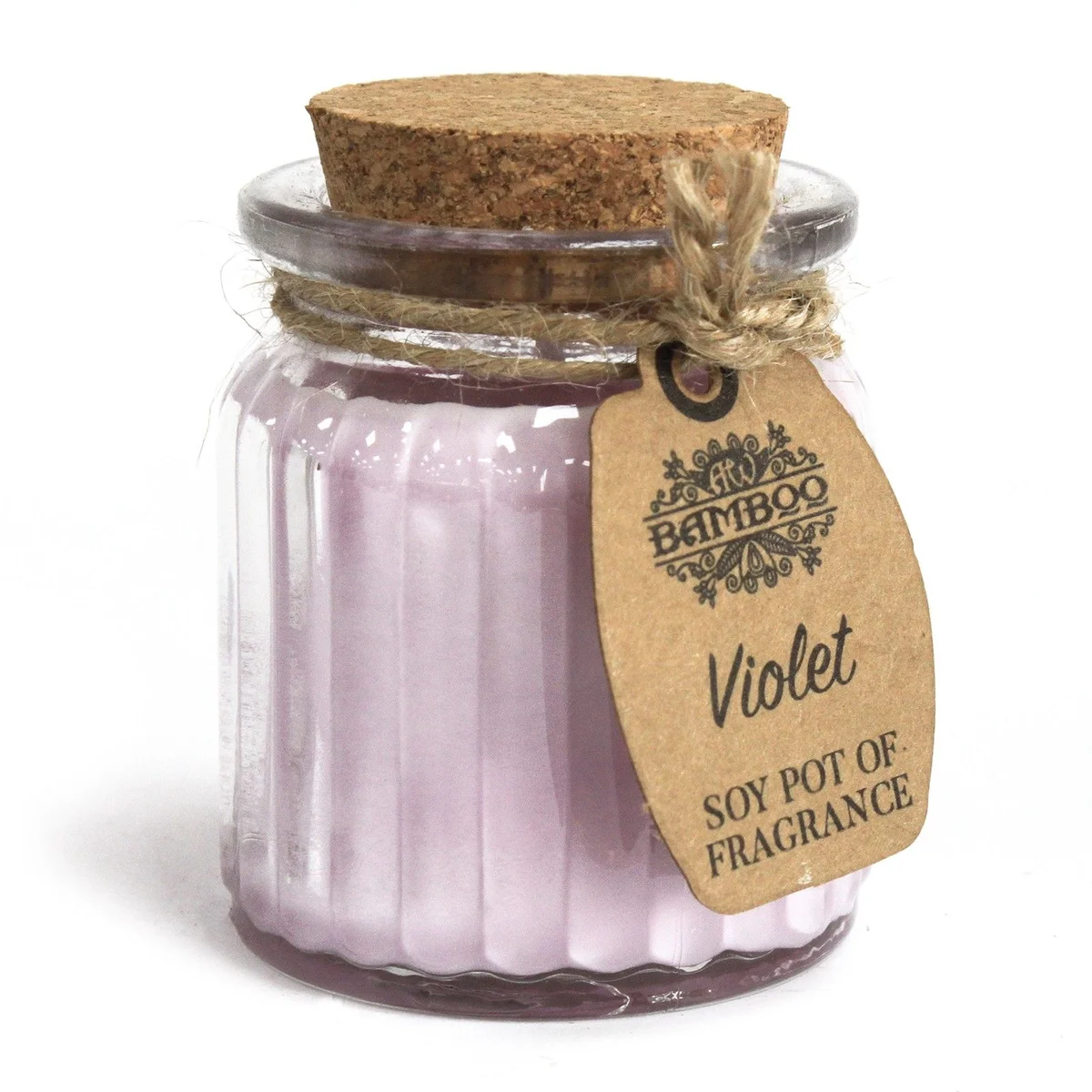 Violet soy candle in a white ceramic pot, pastel purple wax with a soft lavender glow