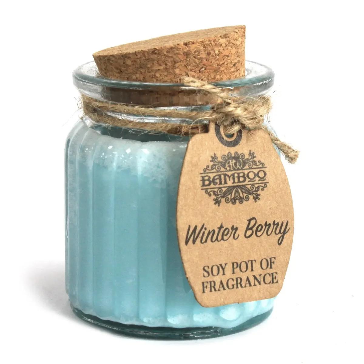 A white soy fragrance candle in a simple glass pot, flame gently glowing, surrounded by winter berry scented aroma.