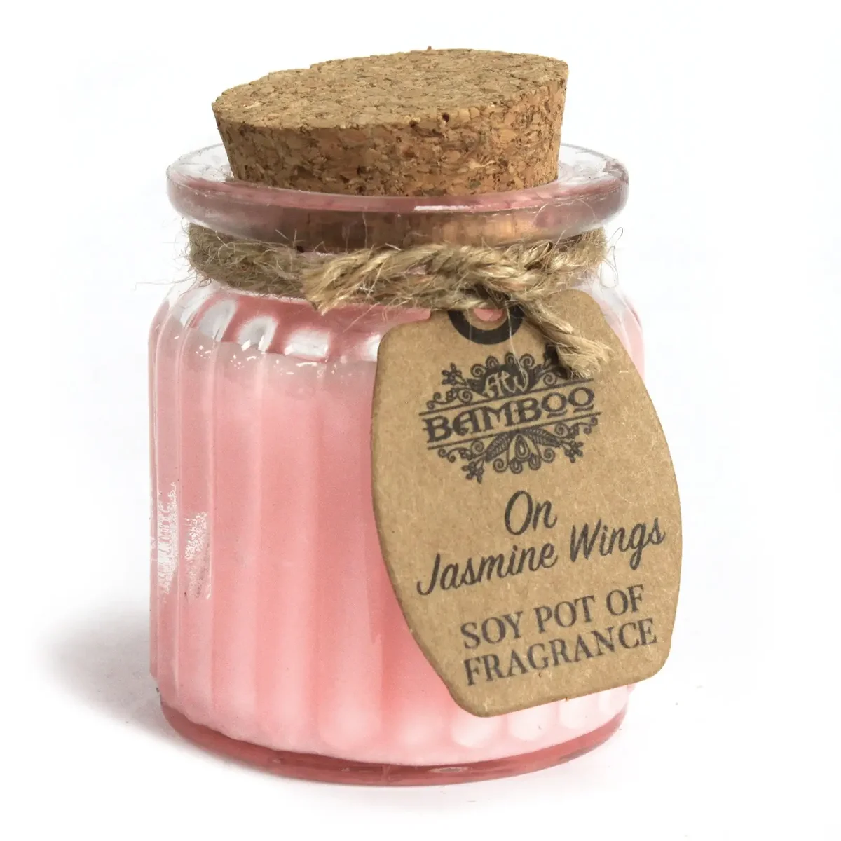 On Jasmine Wings soy pot fragrance candle with jasmine scented wax in a glass jar.