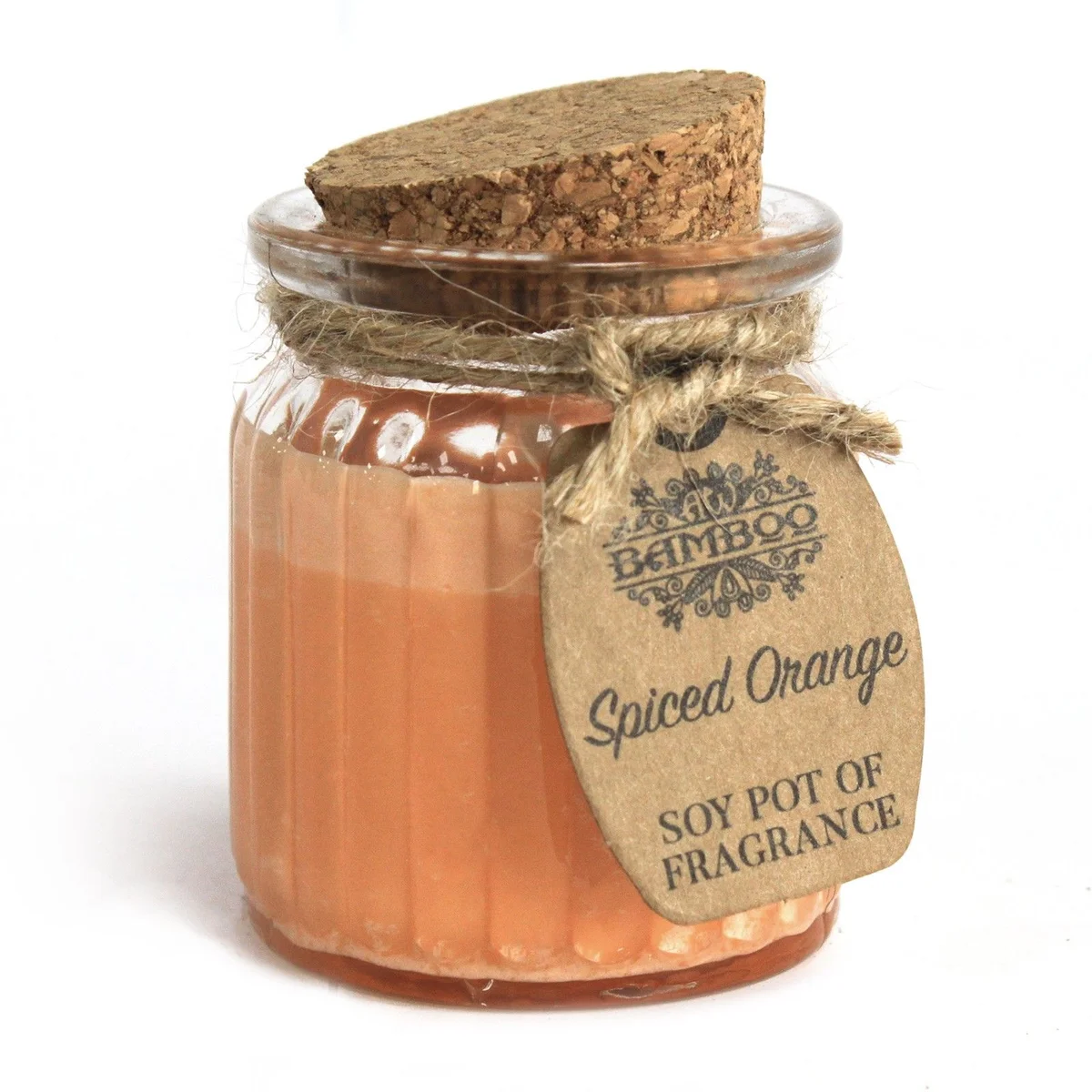 Spiced orange soy candle in a glass pot, orange-themed label and clear wax.