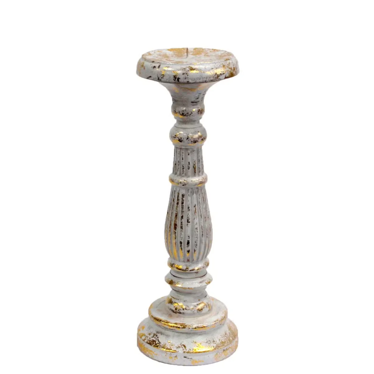 White gold medium candle stand decor with a single candle, polished finish.