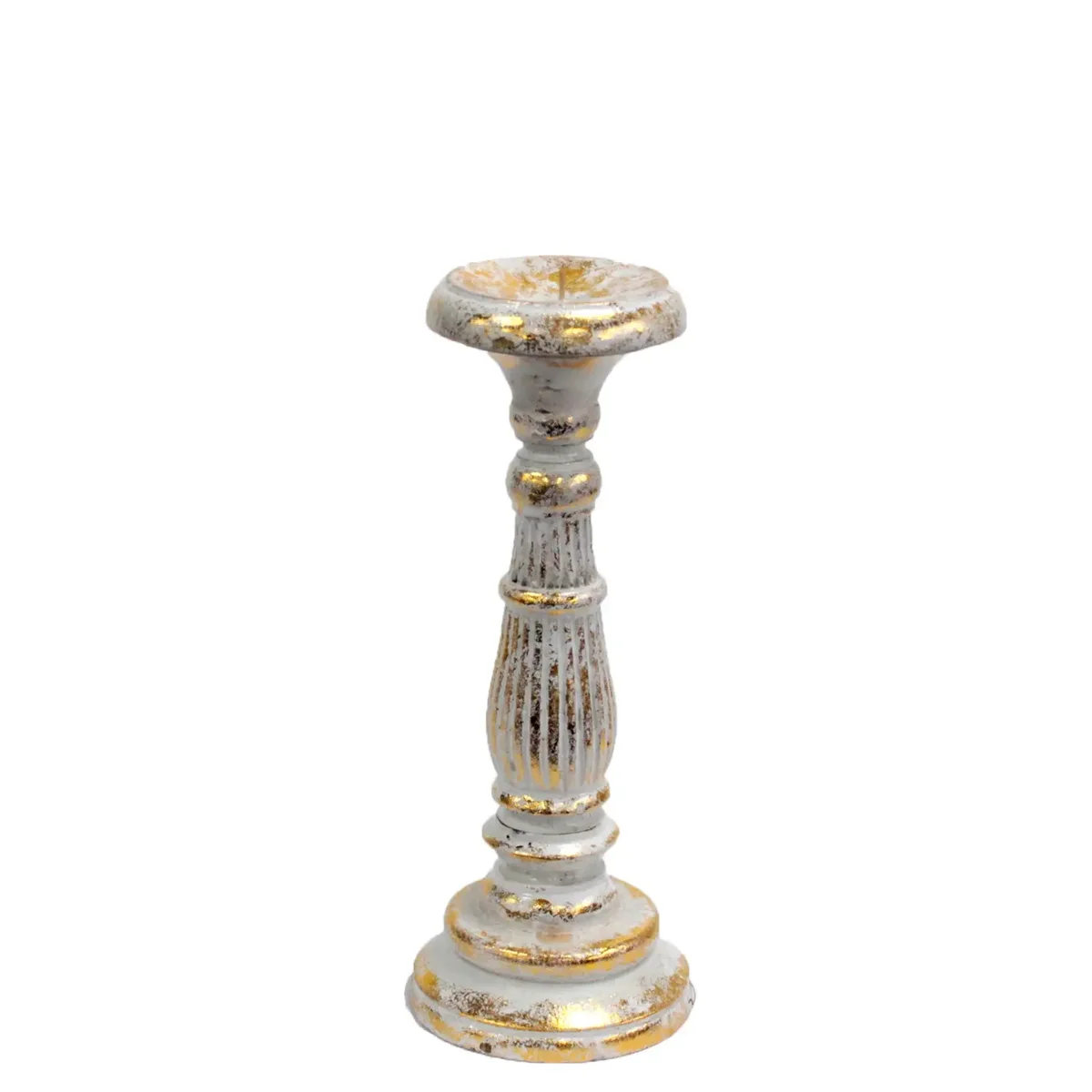 White gold small candle stand holding a tealight candle.