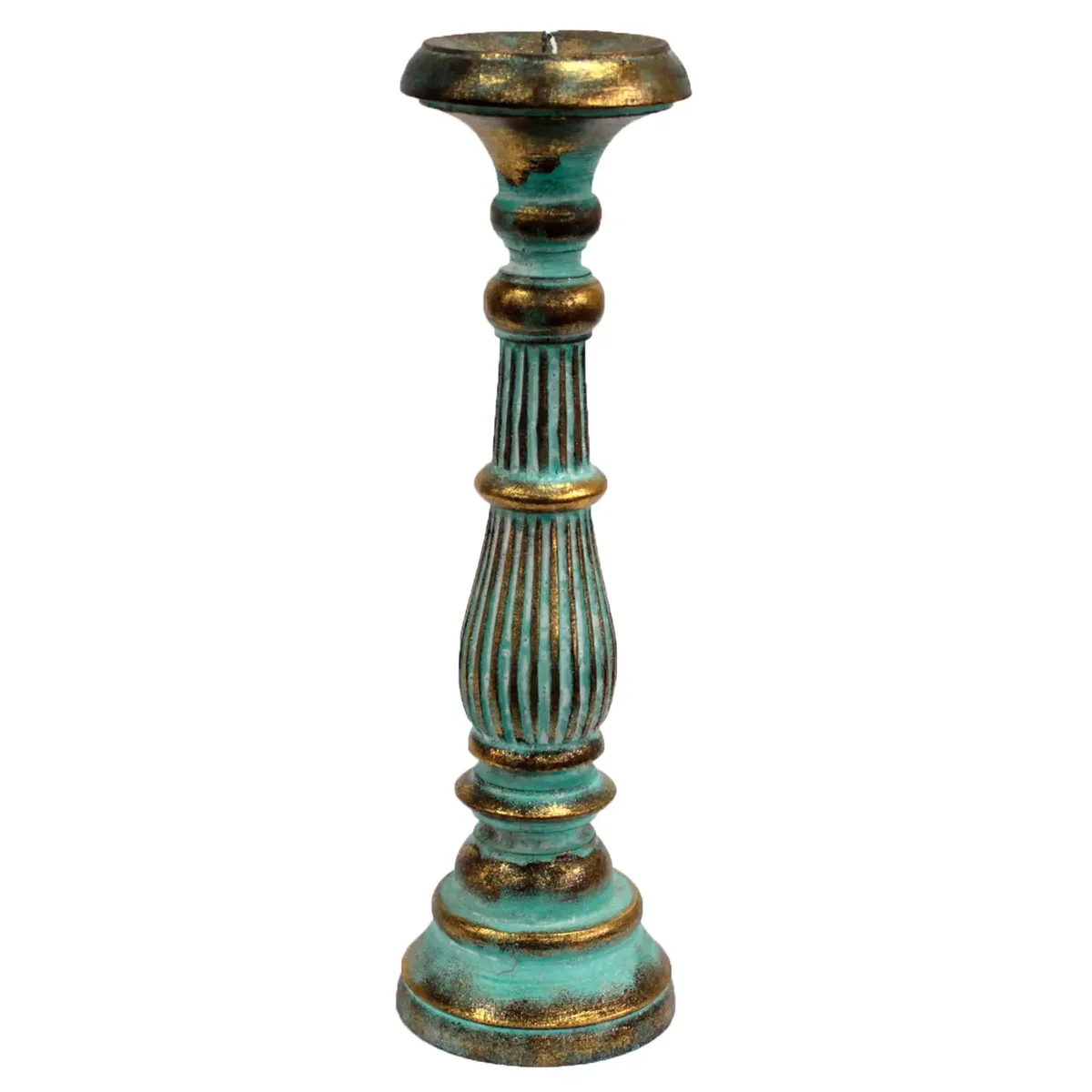 Turquoise gold large candle stand with sleek metal design and graceful curve for lighting.