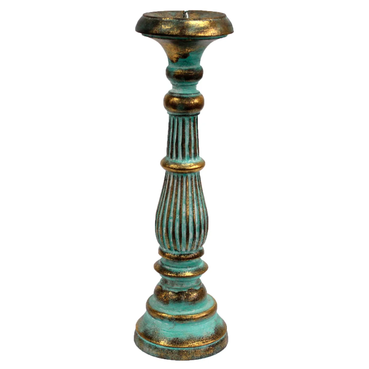 Large turquoise candle holder with gold finish, tall and elegant stand