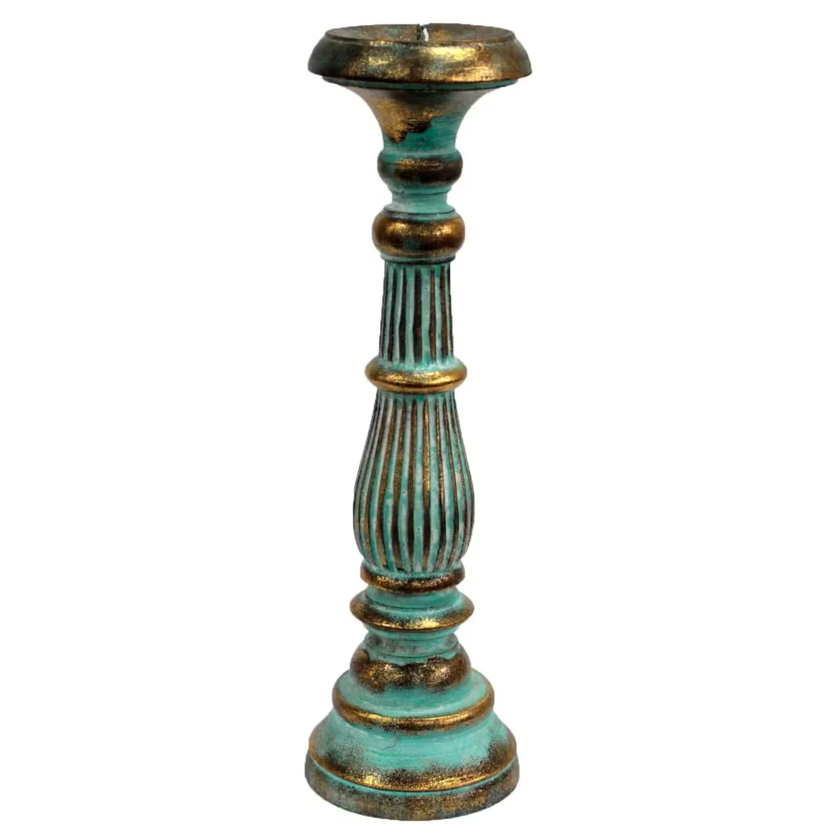 Large turquoise gold candle stand with rounded base, holding a single candle.