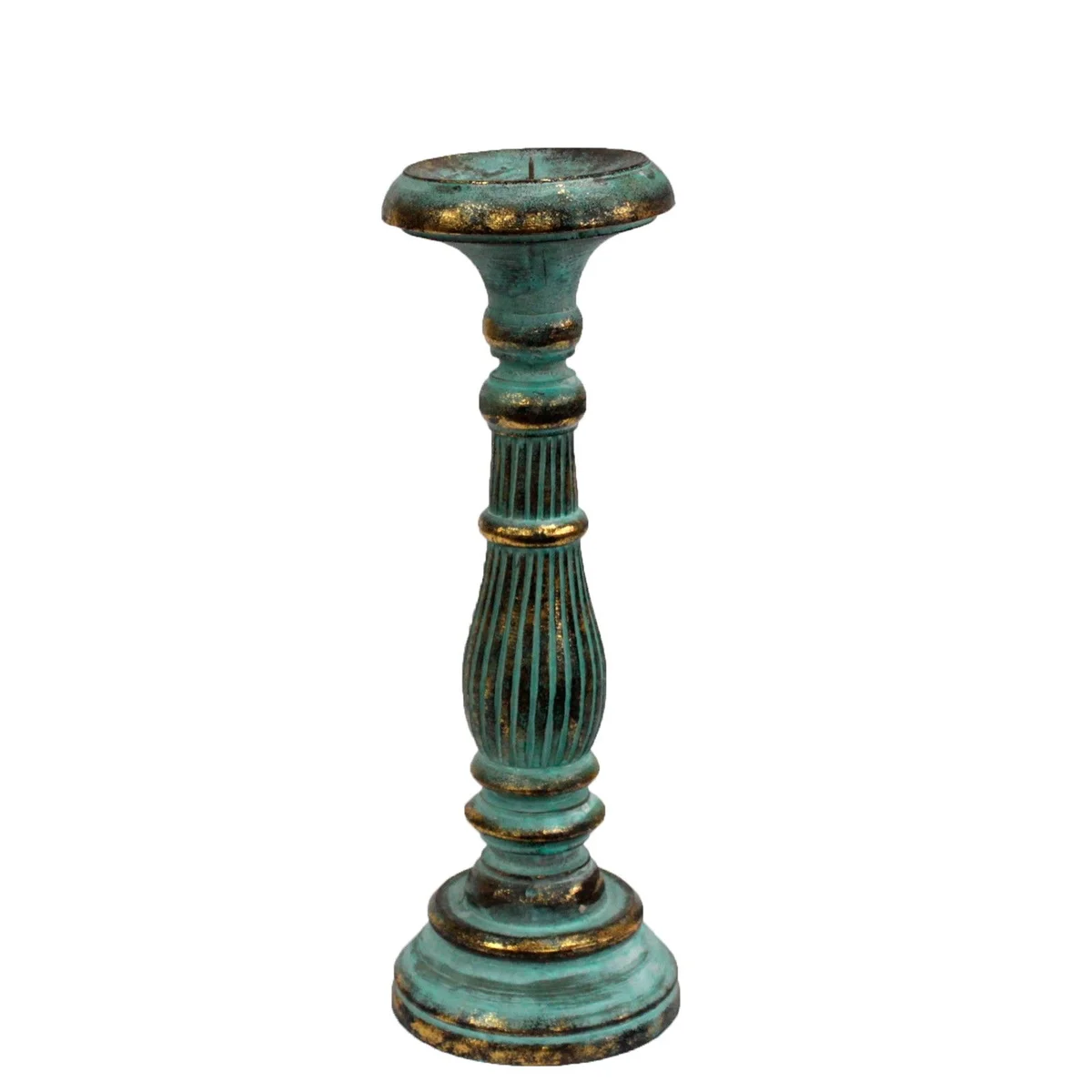Turquois gold medium candle stand on a white surface with a single flickering candle