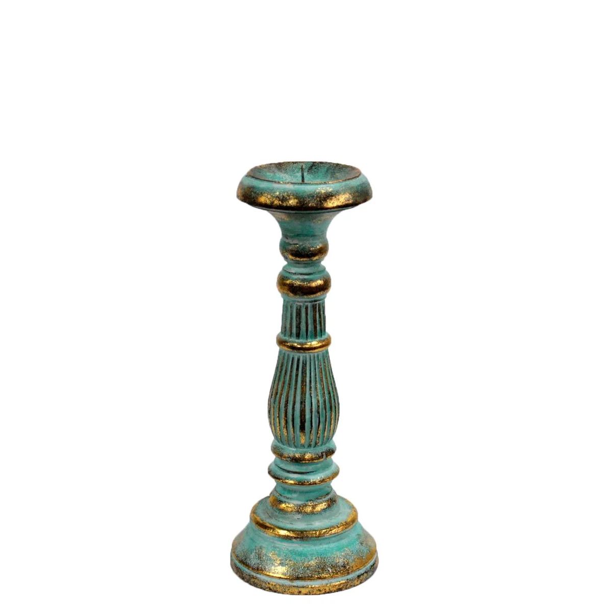 Small turquois gold candle stand, sleek bronze base, polished metal accents holding a single candle.
