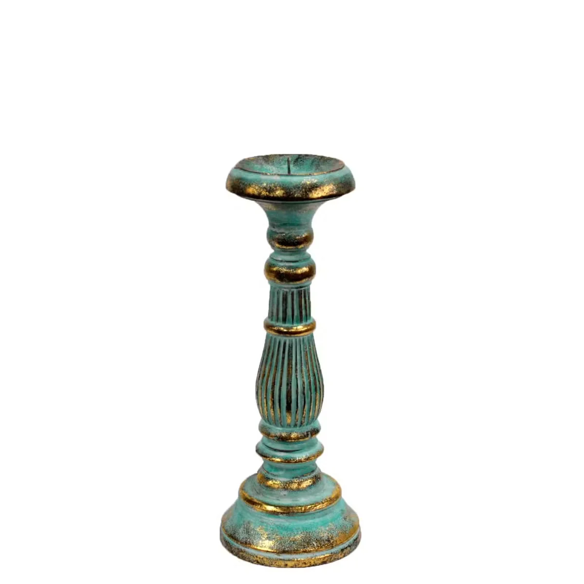 Turquoise gold small candle stand holding a small turquois candle.