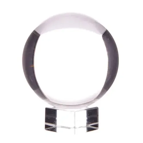 Crystal ball decor on simple stand, clear 110mm crystal sphere stands above base.