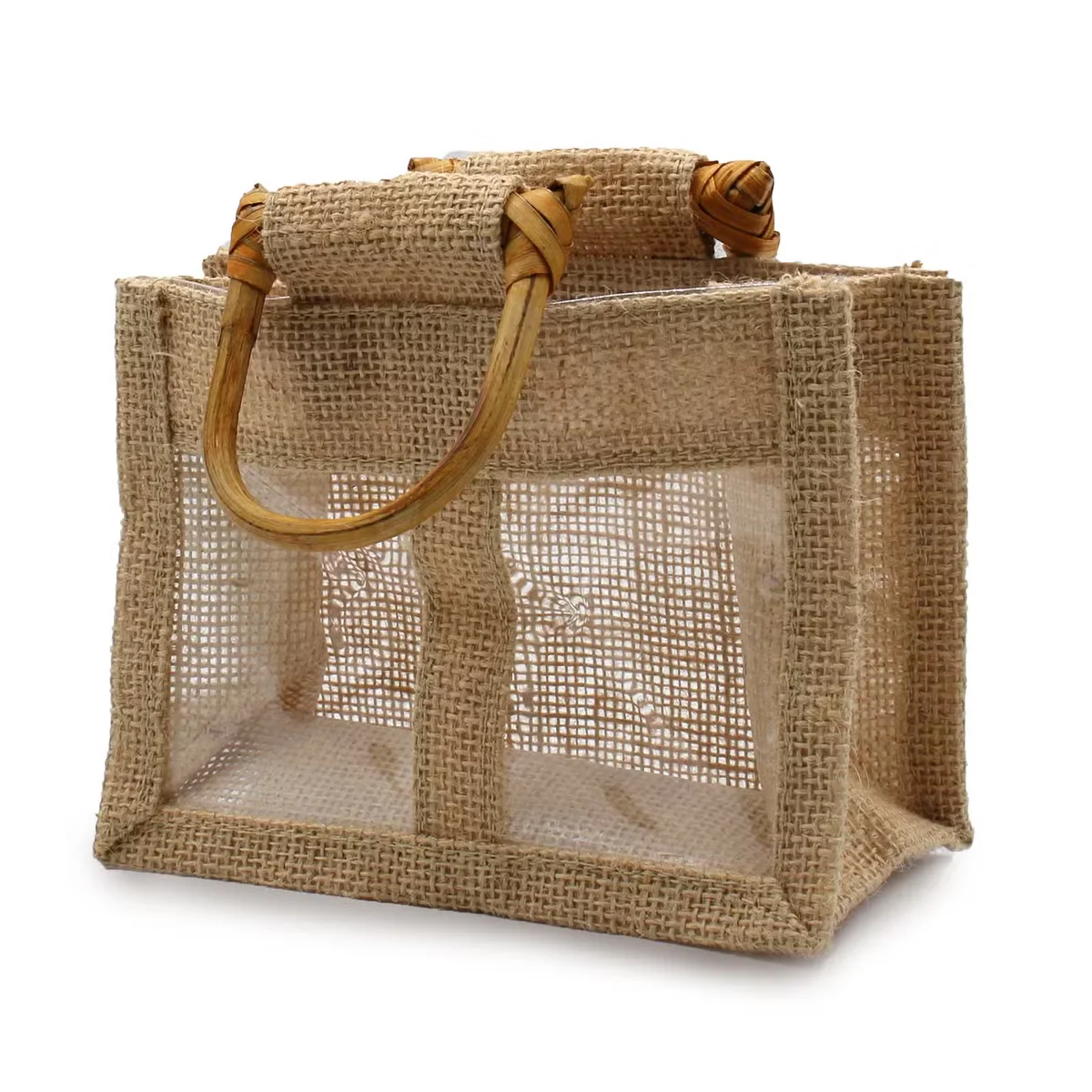 Gift bag jute in natural colour with two jars, showing woven texture and open top, ready for gifting