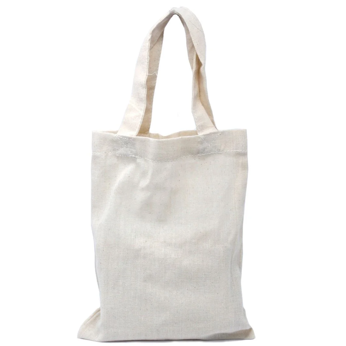 Small natural cotton bag 4oz, 25x20cm displayed upright with open cuff and visible seam detail.